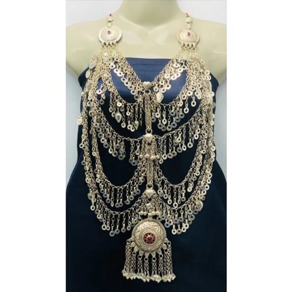 Tribal Bib Necklace With Dangling Tassels and Big Pendant - Picture 1 of 9